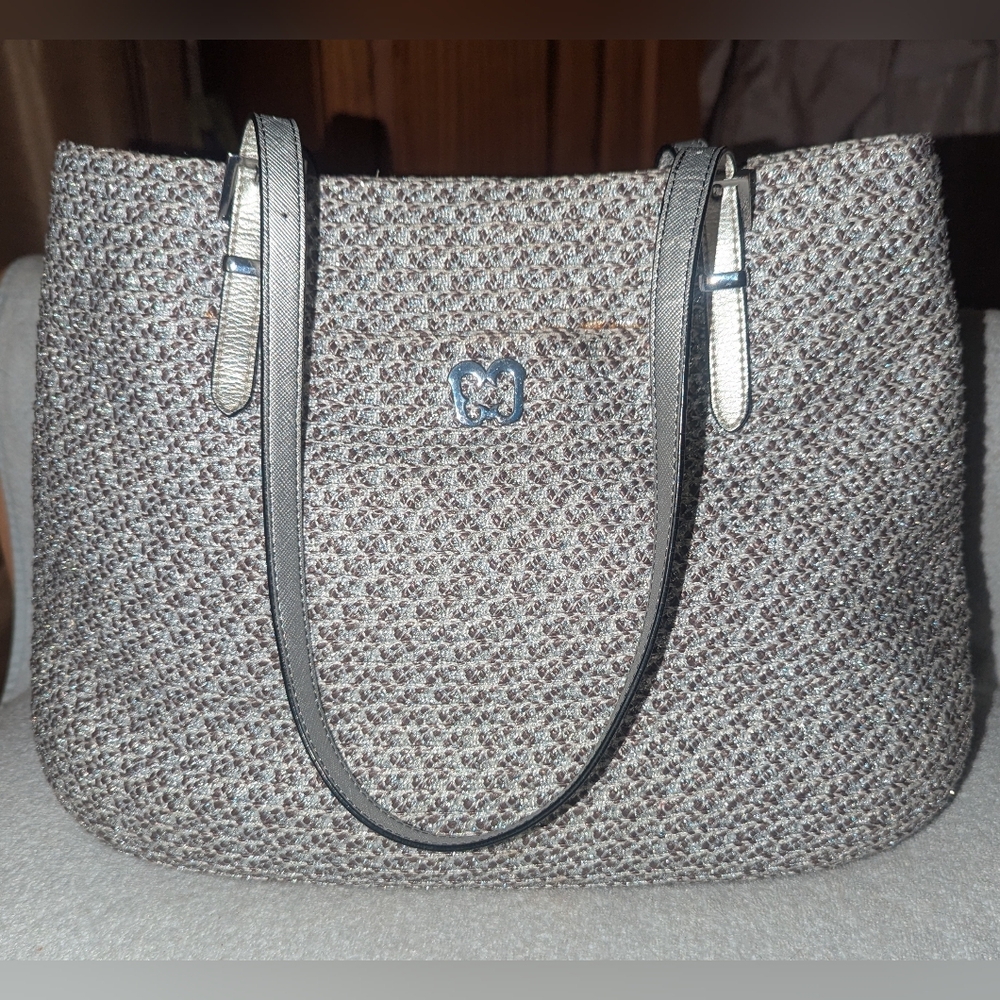Eric Javits New York gray and metallic raffia tote bag.